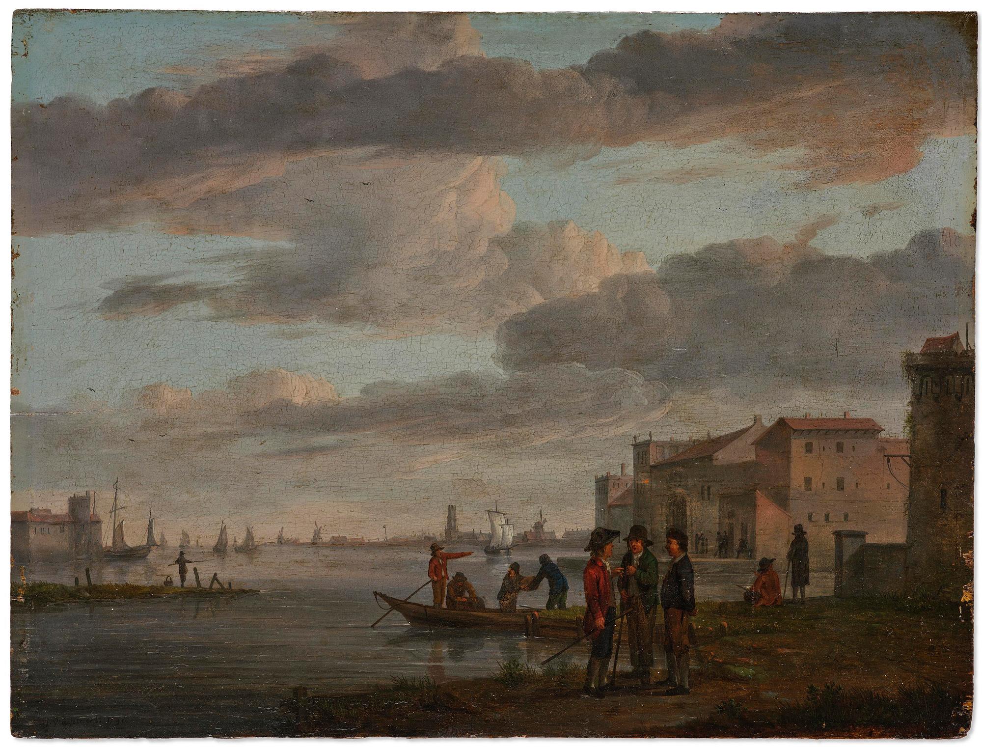 Marten Jacobus Waefelaerts, A river landscape with boats, figures, a castle and a town beyond.