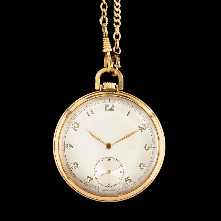 Fickur med Klockkedja, 14k resp kedja 18k guld. Tillverkad i Schweiz, 1900-talets mitt. 46mm.