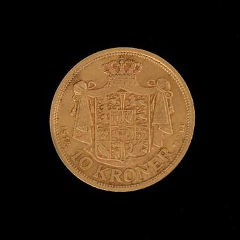 GULDMYNT, 10 kroner, Danmark 1913. Vikt ca 4 gram.