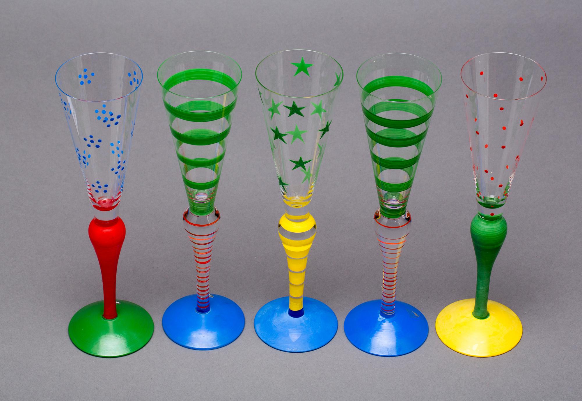 CHAMPAGNESTRUTAR, 5 st, glas, "Clown", Anne Nilsson, Orrefors.