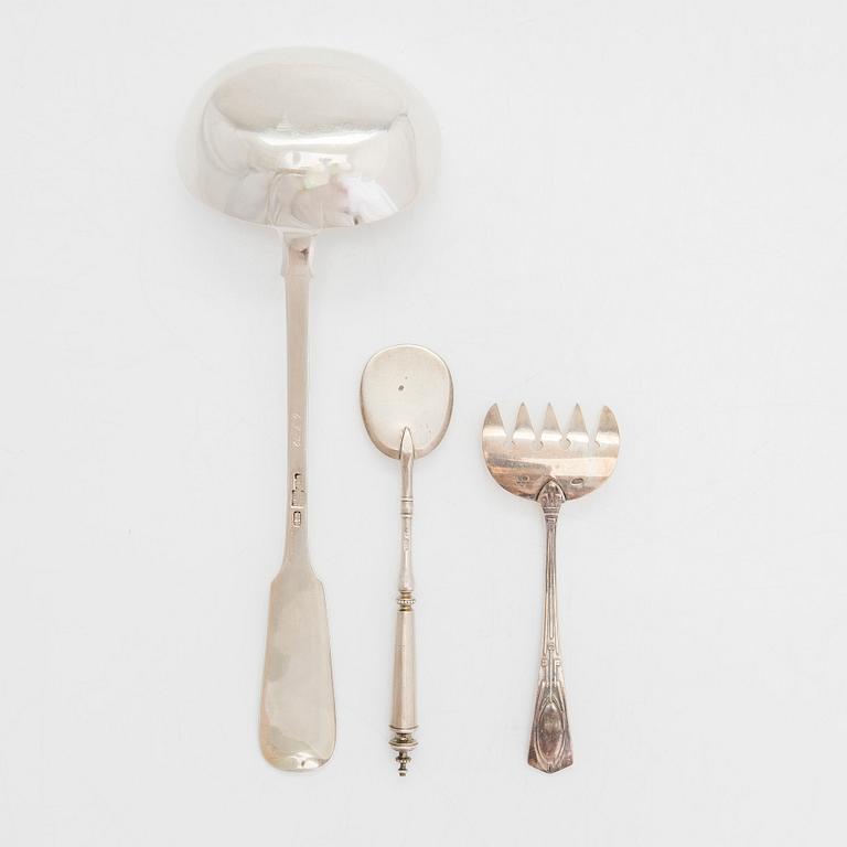 A silver soup ladle, fork and caviar spoon, St. Petersburg 19th century 1860 - early 20th century. The fork by Grachev.