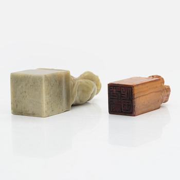 Two pieces of carved agalmatolite, sculpture and seal,one with stamp. China, mid-20th century.