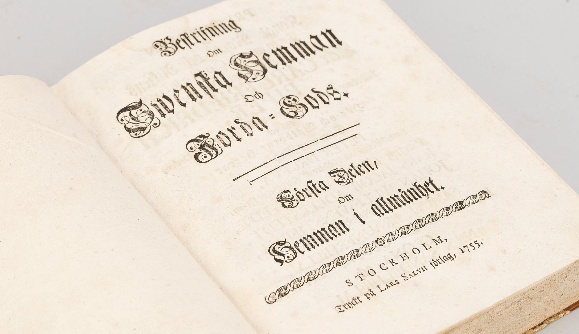 BÖCKER, ett band med 2+1, bla "Beskrifning om Swenska Hemman och Jordagods" av Anders Botin, Stockholm 1755.