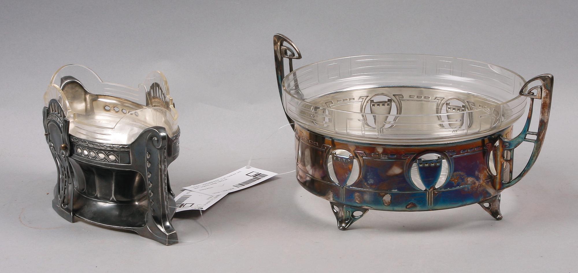 JARDINÄRER, 2 st, nysilver och glas, jugend, tidigt 1900-tal.
