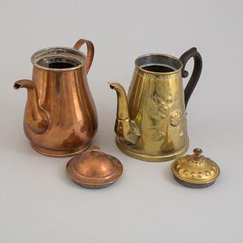 TWO COFFEE POTS, brass and copper, 19th century.