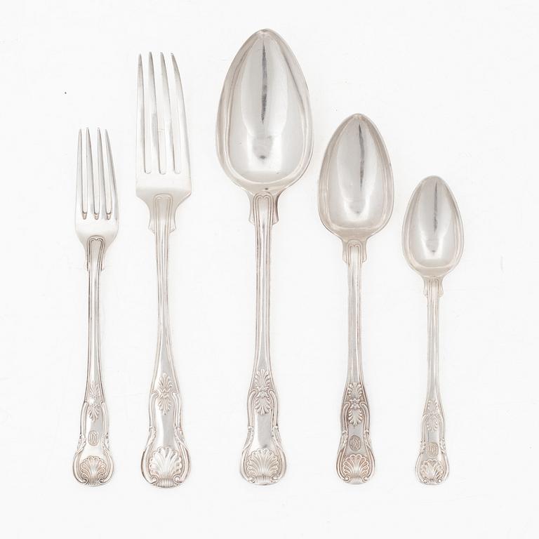 Bestick, 30 delar, silver, "Engelsk snäck", bl a JE Torsk, Stockholm 1862.