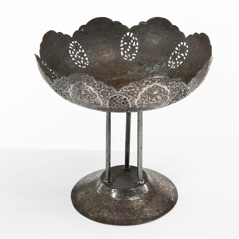 A Persian silver plated copper bowl, 20th century.