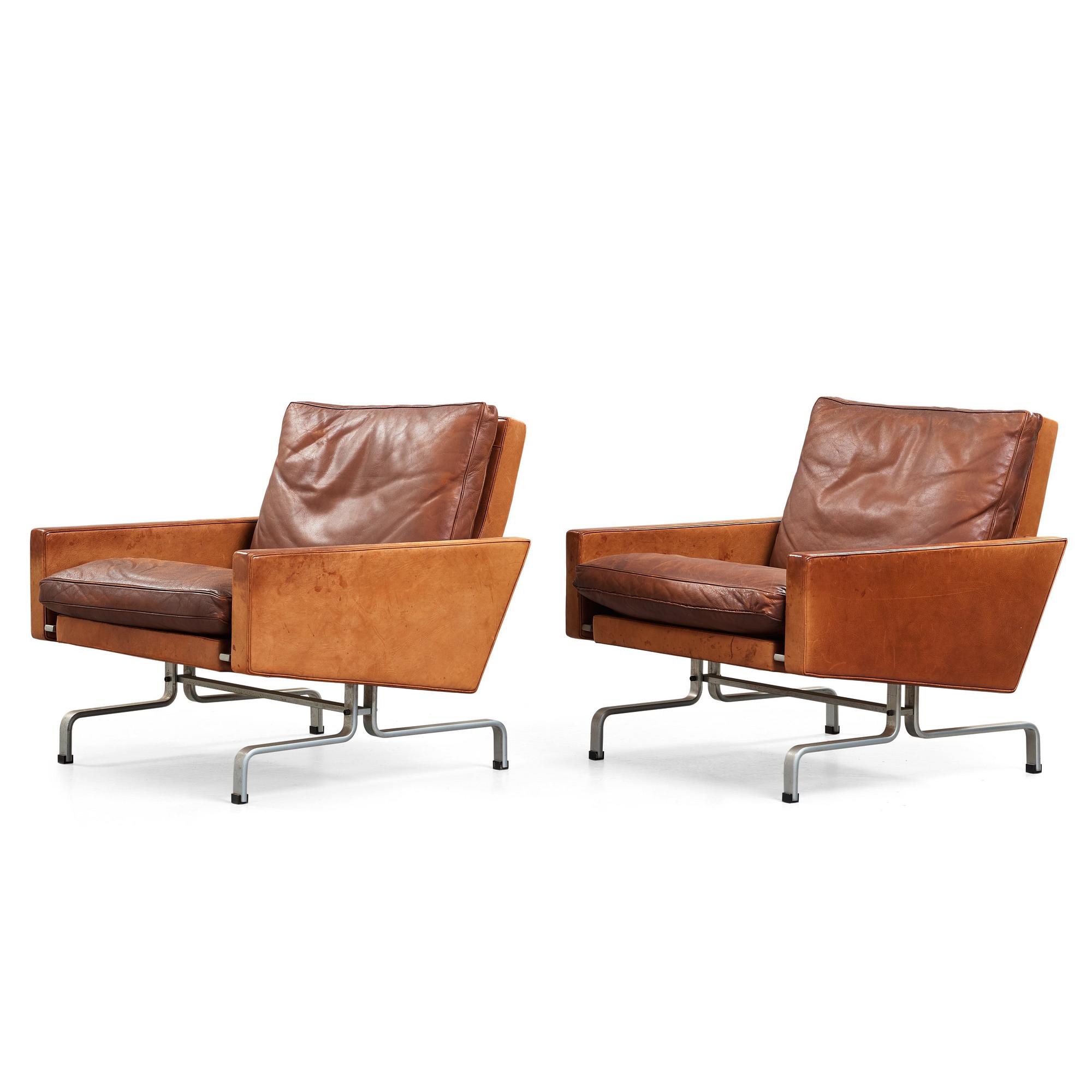 Poul Kjaerholm, A pair of Poul Kjaerholm 'PK-31' steel and brown leather easy chairs, by E old Christensen, Denmark 1960's.