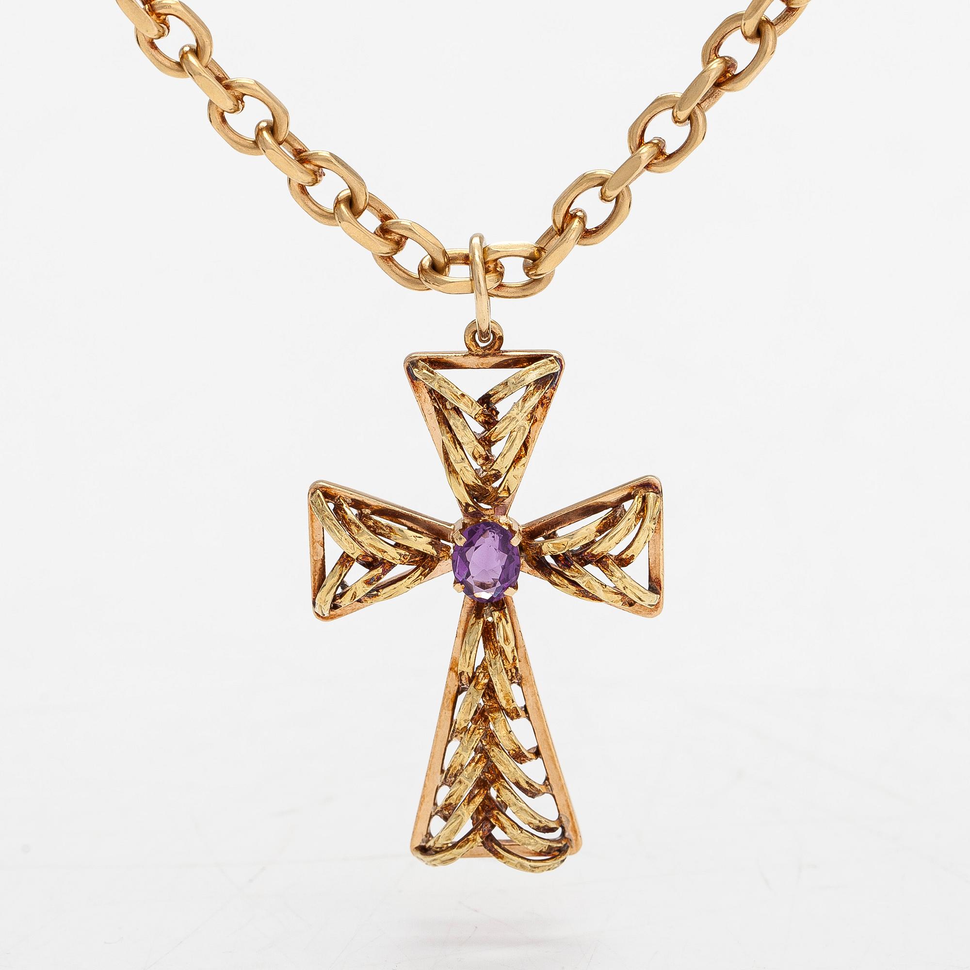 Necklace, 18K gold, cross pendant in 16K gold   with an amethyst. Chain by Anderssons Guld, Stockholm 1982.