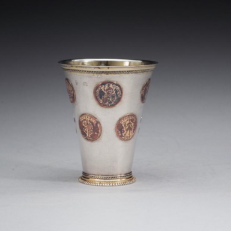 A Swedish 18th century parcel-gilt beaker, marks of Magnus Myrman, Norrköping (1706-1730).