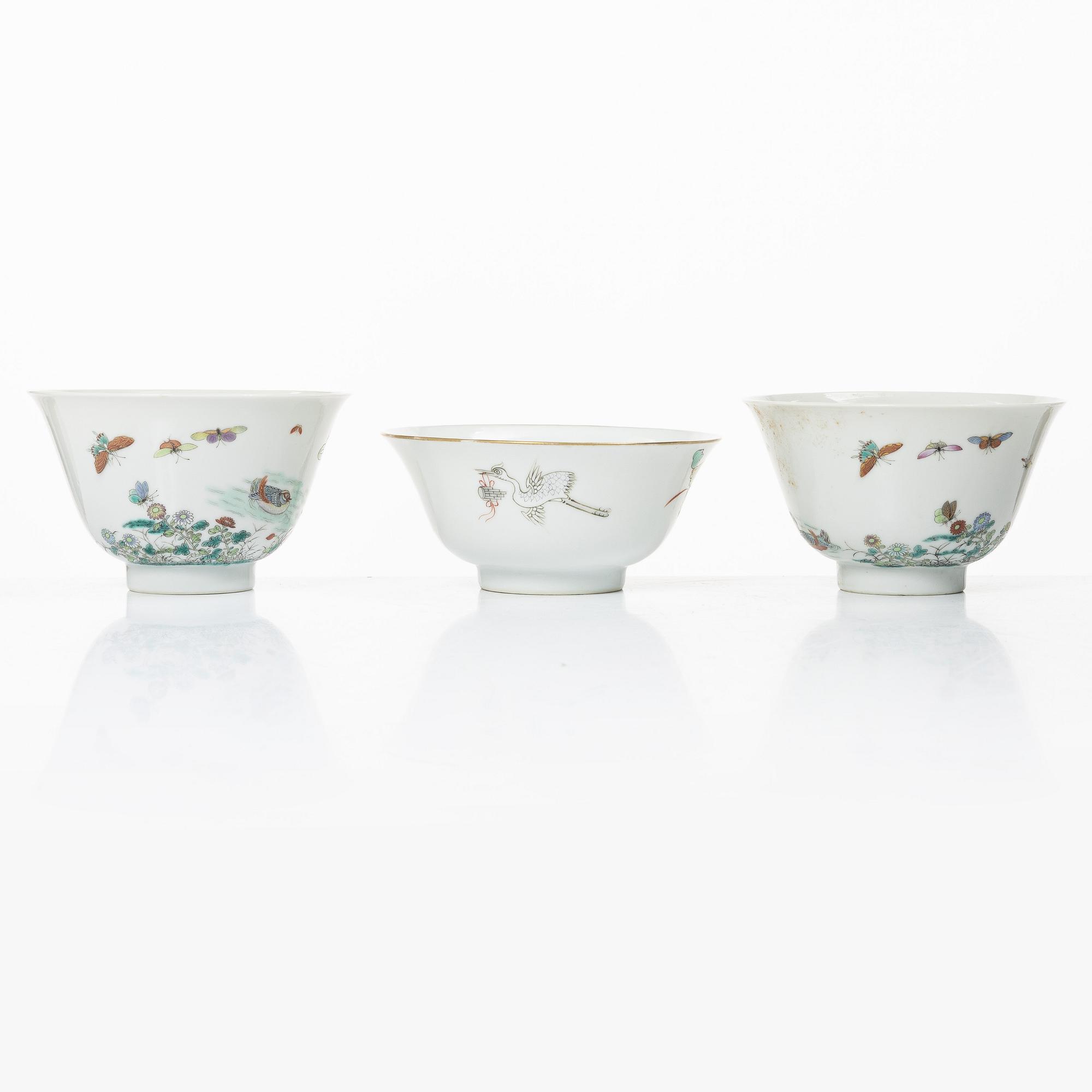 Three porcelain cups, China, 20th century.