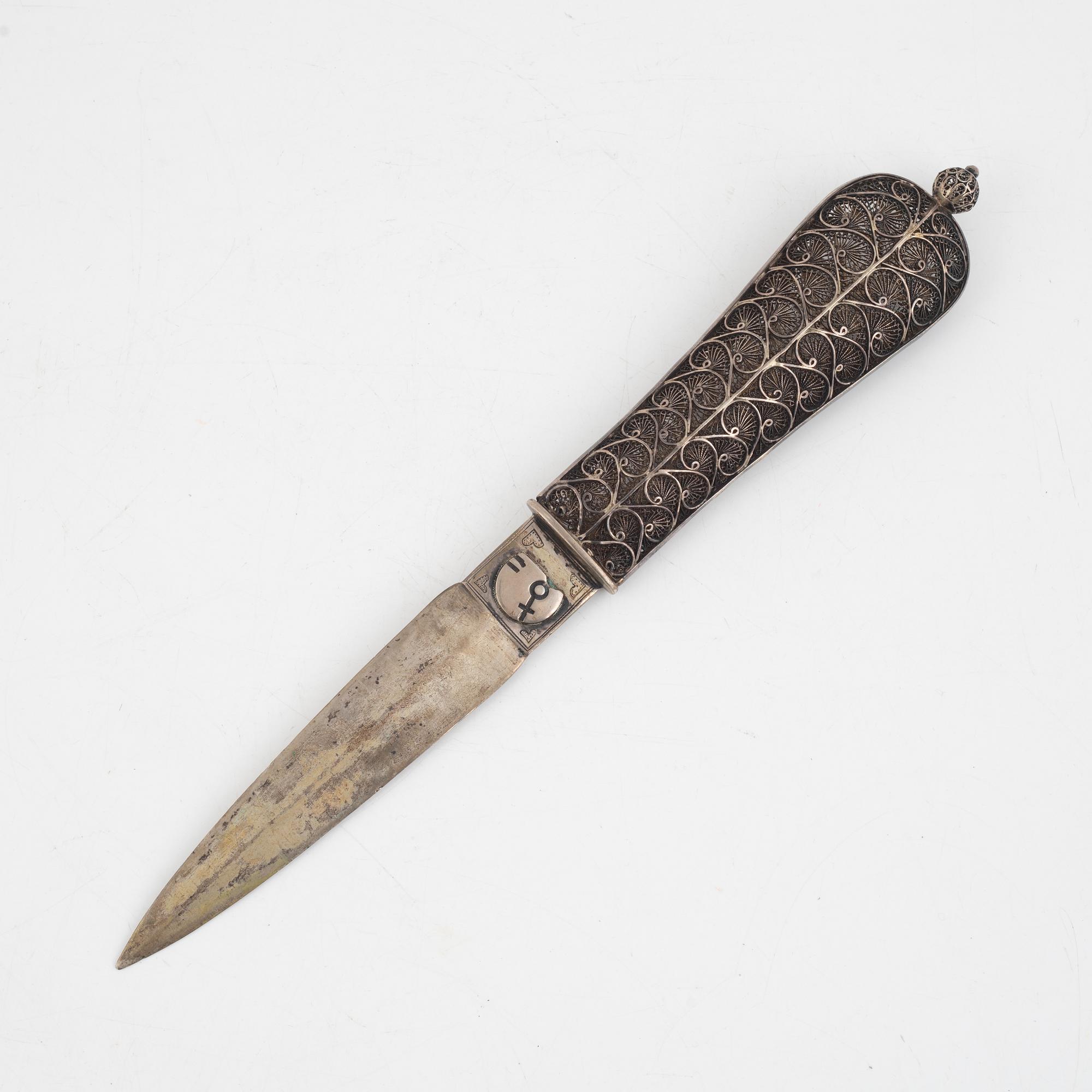 Dagger/letter opener, filigree work, possibly low-grade silver, not ...