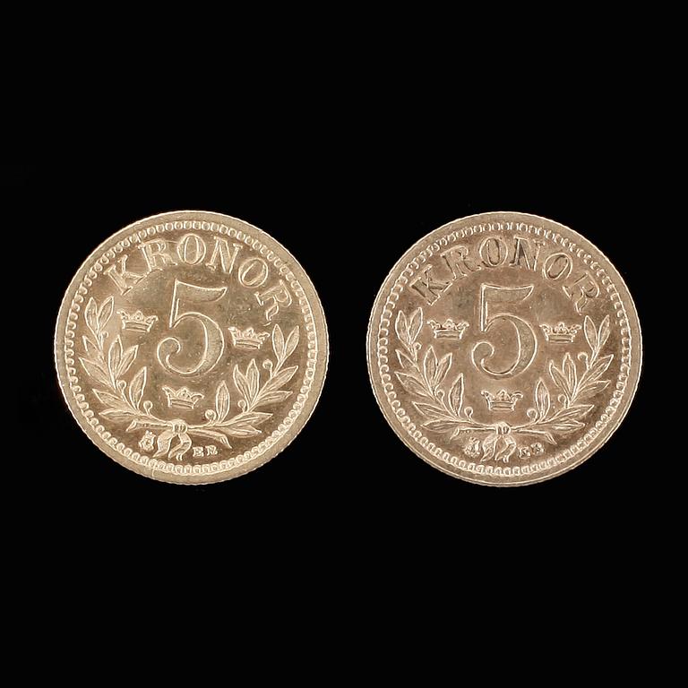 GULDMYNT, 2 st, 5 kr, Oscar II, 1881 resp 1886. Vikt ca 4,5 g.