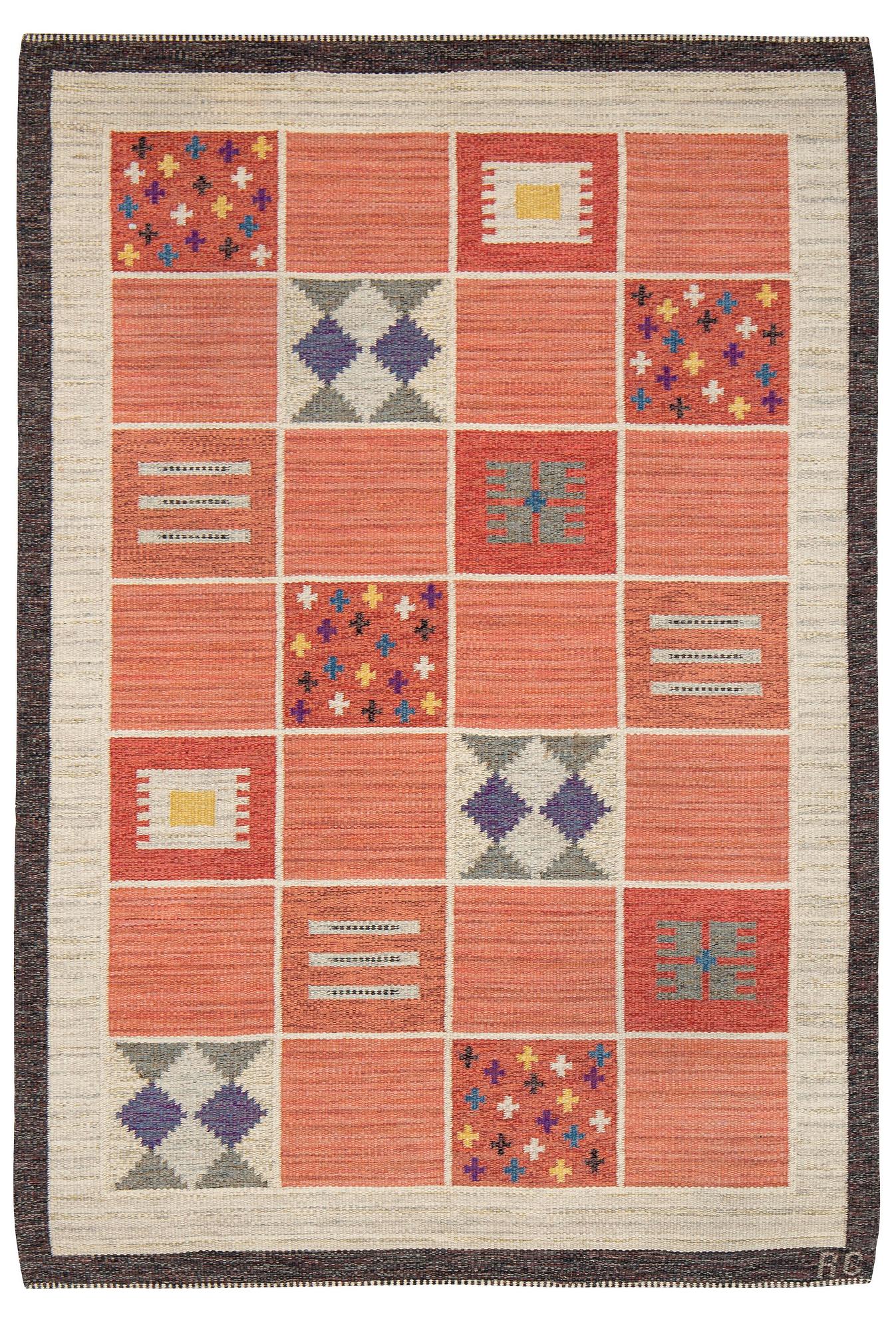 Rakel Carlander, a carpet, flat weave, ca 245 x 168 cm, signed RC.