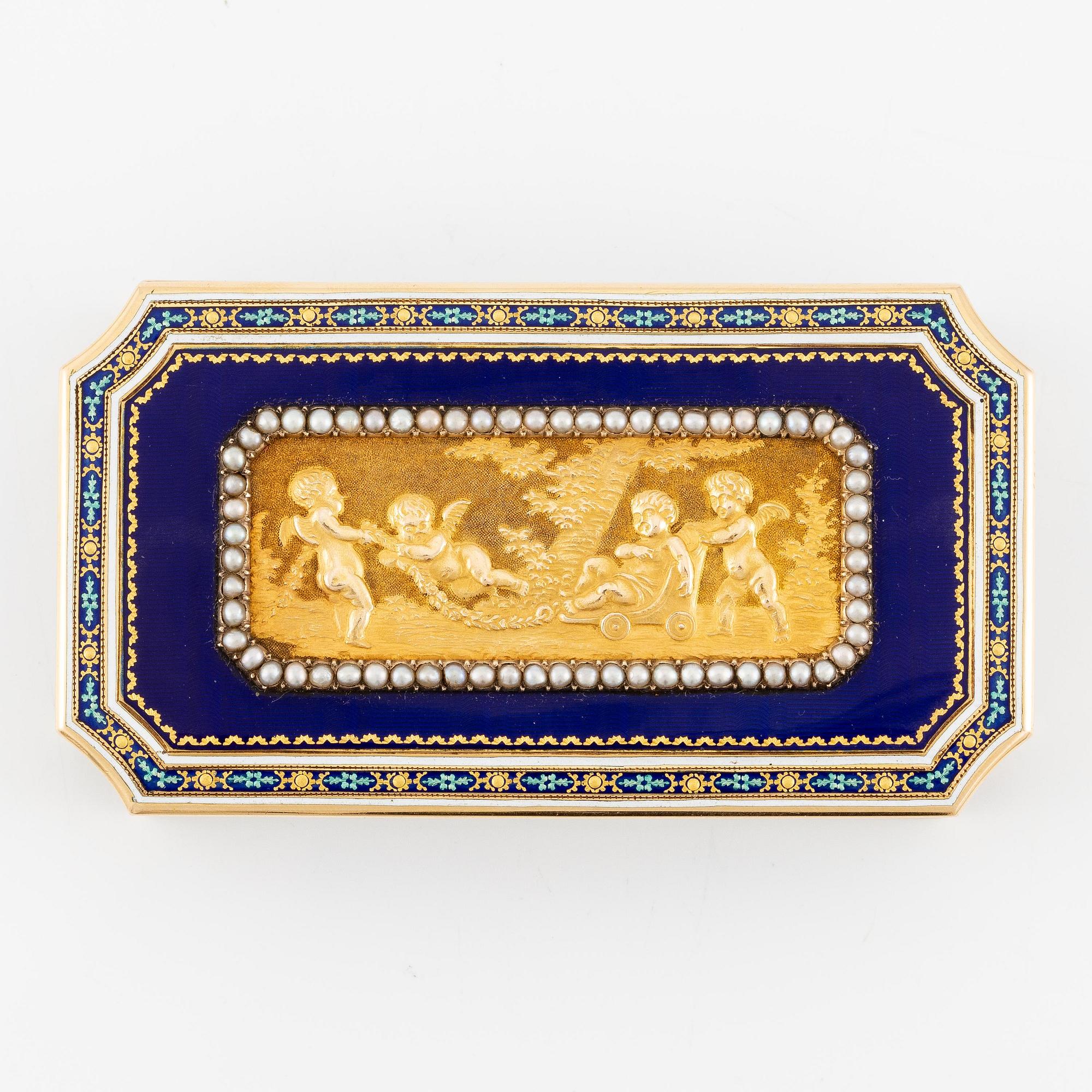 An probably early 19th century Hanau gold and royal blue enamel box with pearls.
