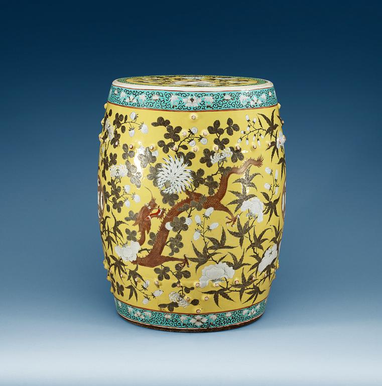 A yellow ground garden seat, late Qing dynasty.