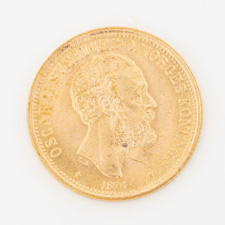 Guldmynt, Oscar II, 20 kronor, typ I, Sverige 1876.