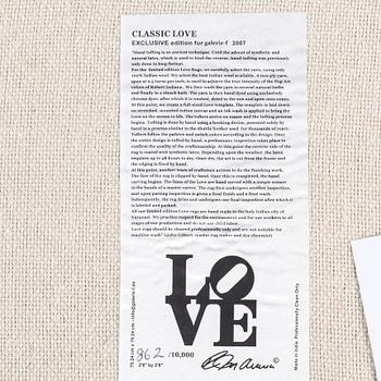 FRAMED CARPET. "Classic Love", Hand tufted in 2007. 77 x 77 cm. Robert Indiana.