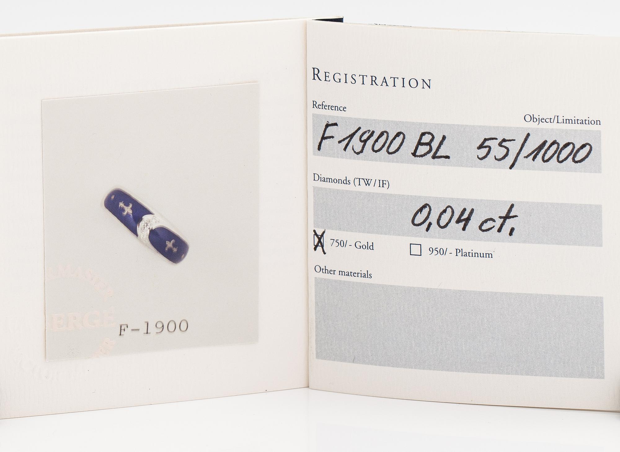 Fabergé, An 18K white gold ring with enamel and diamonds ca. 0.04 ct in total. Victor Mayer.