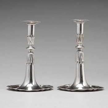 A pair of Swiss 18th century silver candlesticks, unidentified makers mark, Lausanne.