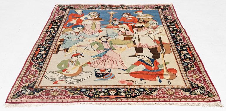 A semi-antique pictoral Kashan rug, part silk, c 204 x 128.