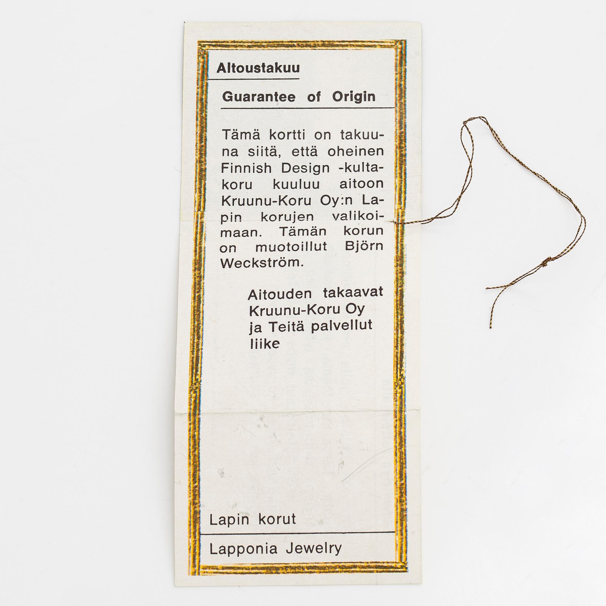 Björn Weckström, kaulakoru, "Semiramis", 14K kultaa ja turmaliineja. Lapponia 1973.