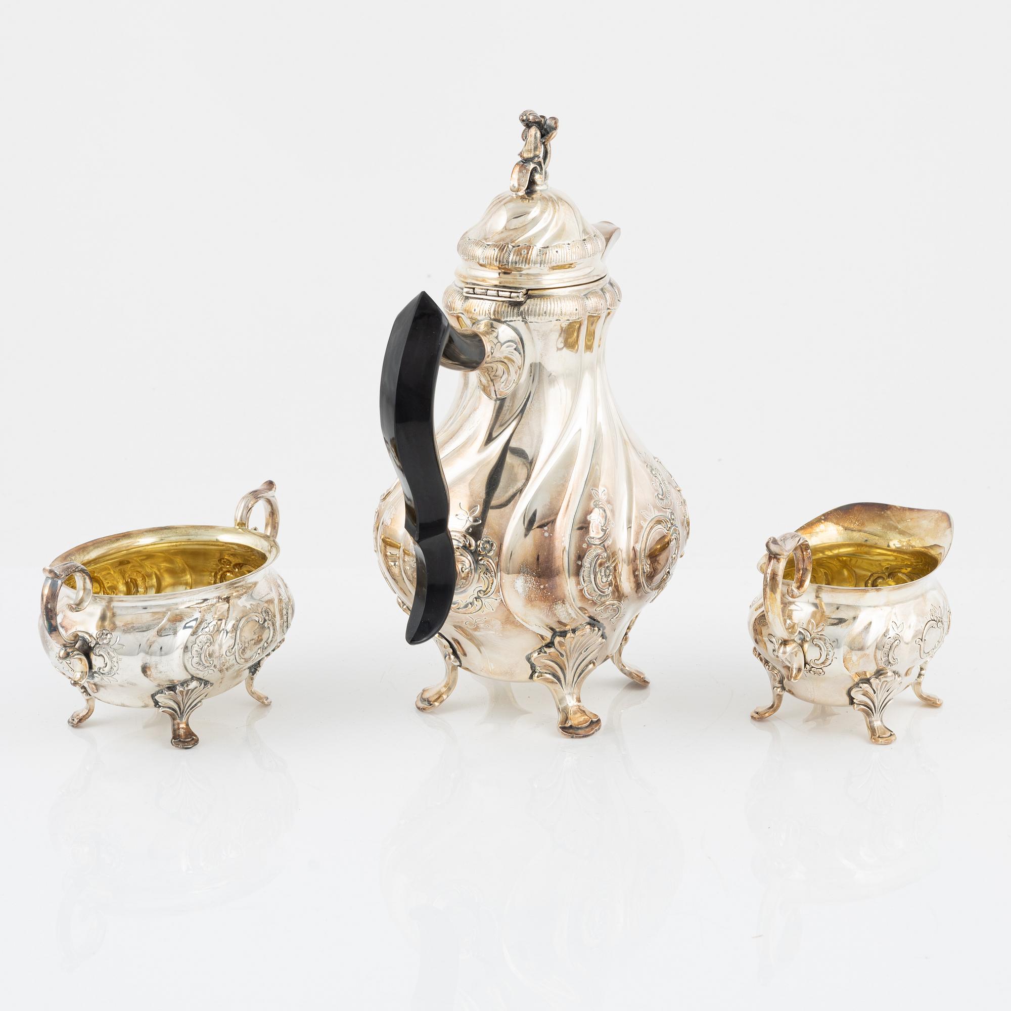 CG Hallberg, kaffeservis, 3 delar, silver, rokokostil, Stockholm 1953.