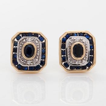 A pair of 14K gold earrings with sapphires and eight-cut diamonds. Finnish hallmarks.