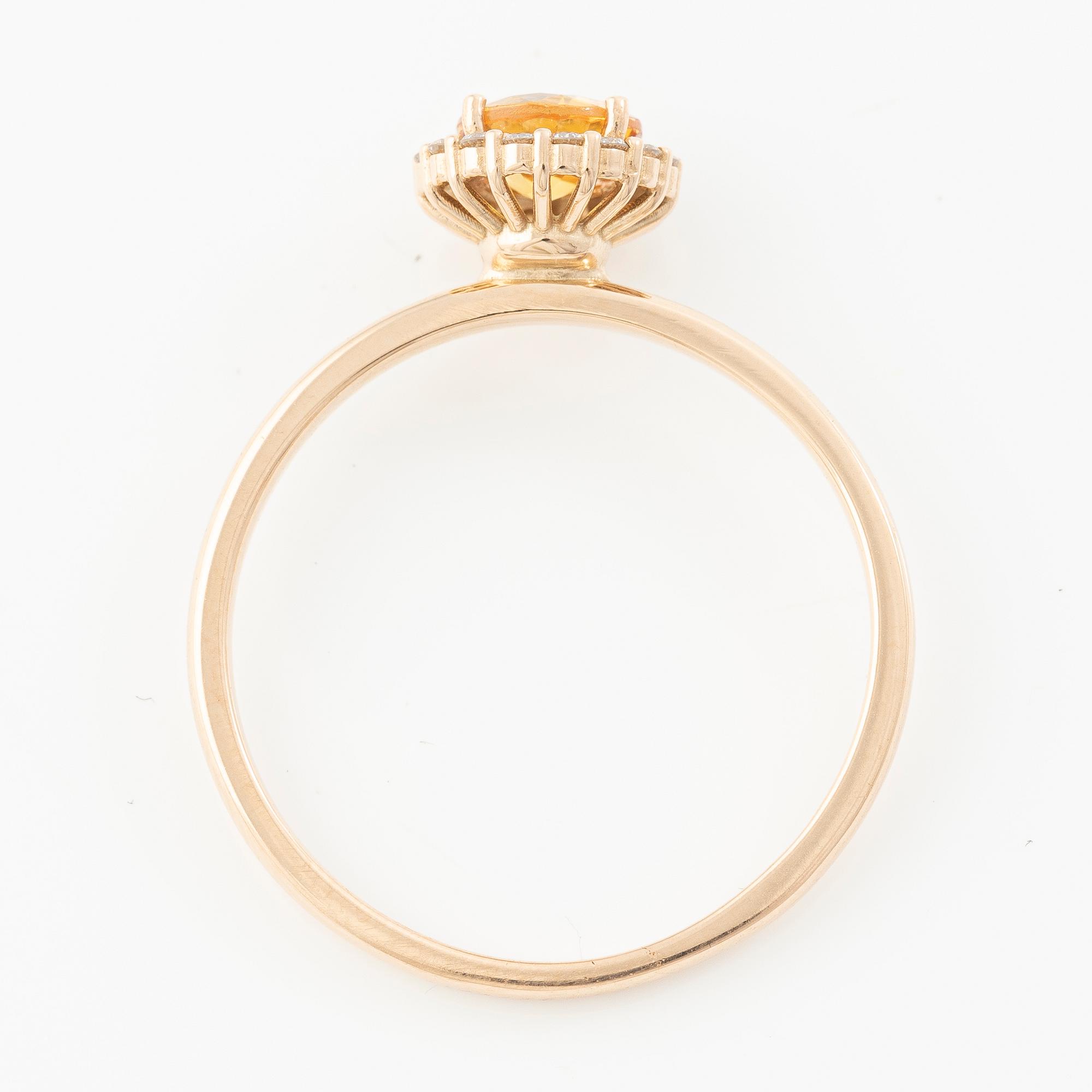 Ring 14K rose gold with orange sapphire and brilliant-cut diamonds.