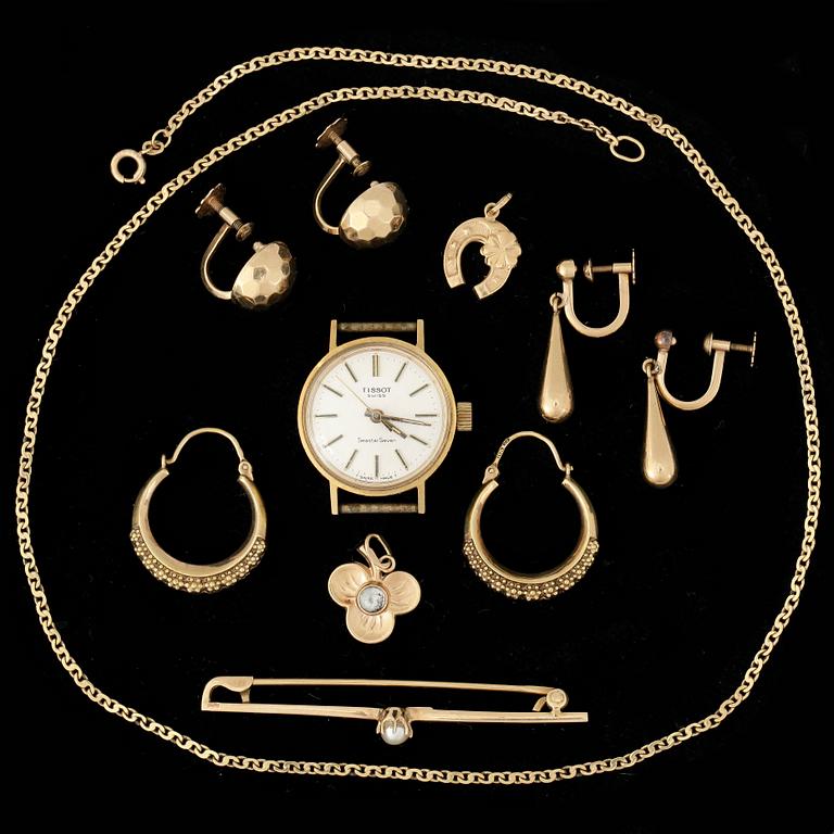 PARTI GULDSMYCKEN 8 st SAMT DAMARMBANDSUR, mest 18K, 1900-tal. Tot ca 28 gram.