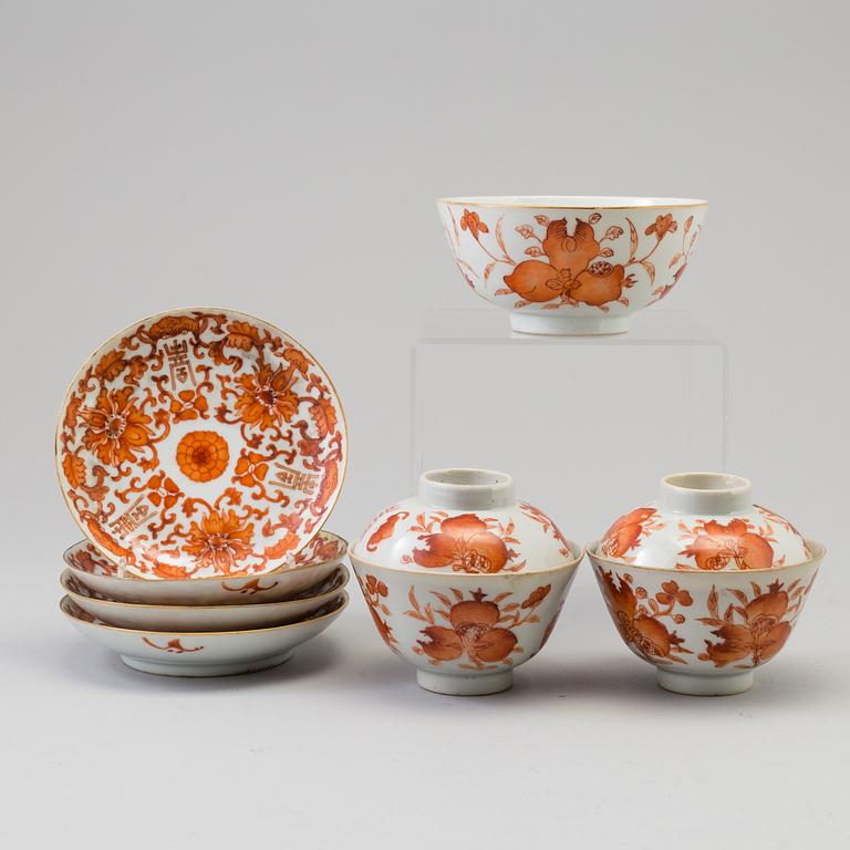 Two cups with covers, four dishes and a bowl, Qing dynasty, late 19th century.