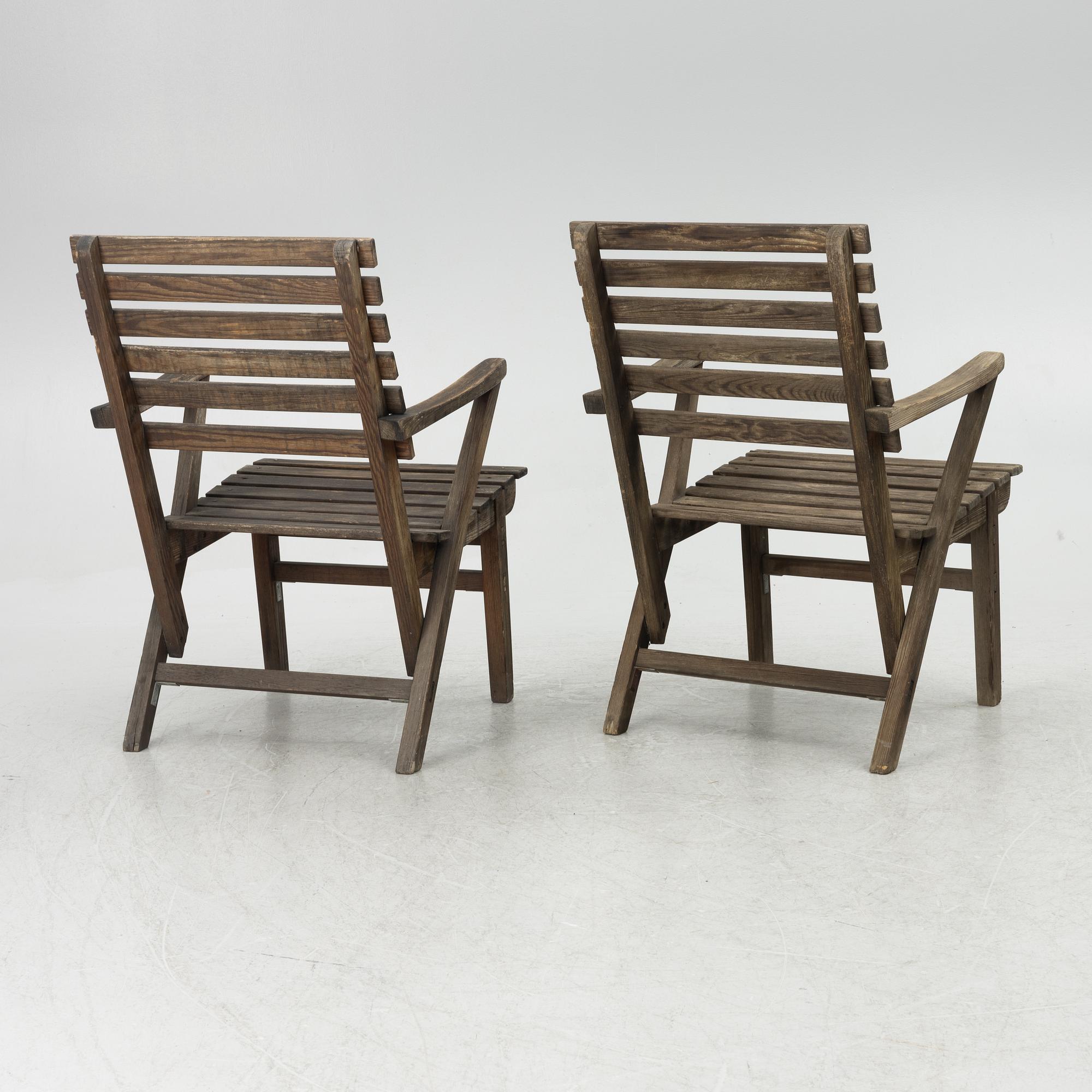 Carl Malmsten, garden furniture, a table and two armchairs. "Bergshamra", second half of the 20th century.