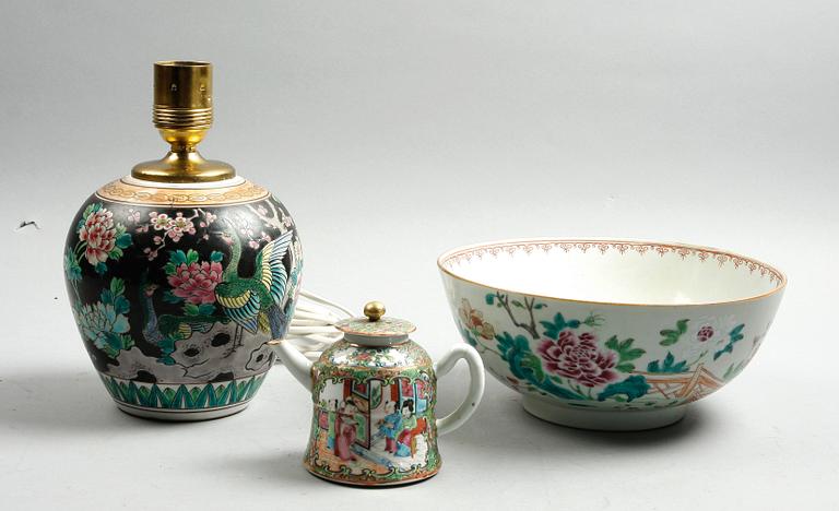 BORDSLAMPA, KANNA samt SKÅL, porslin, Kina, 1700-1900-tal.
