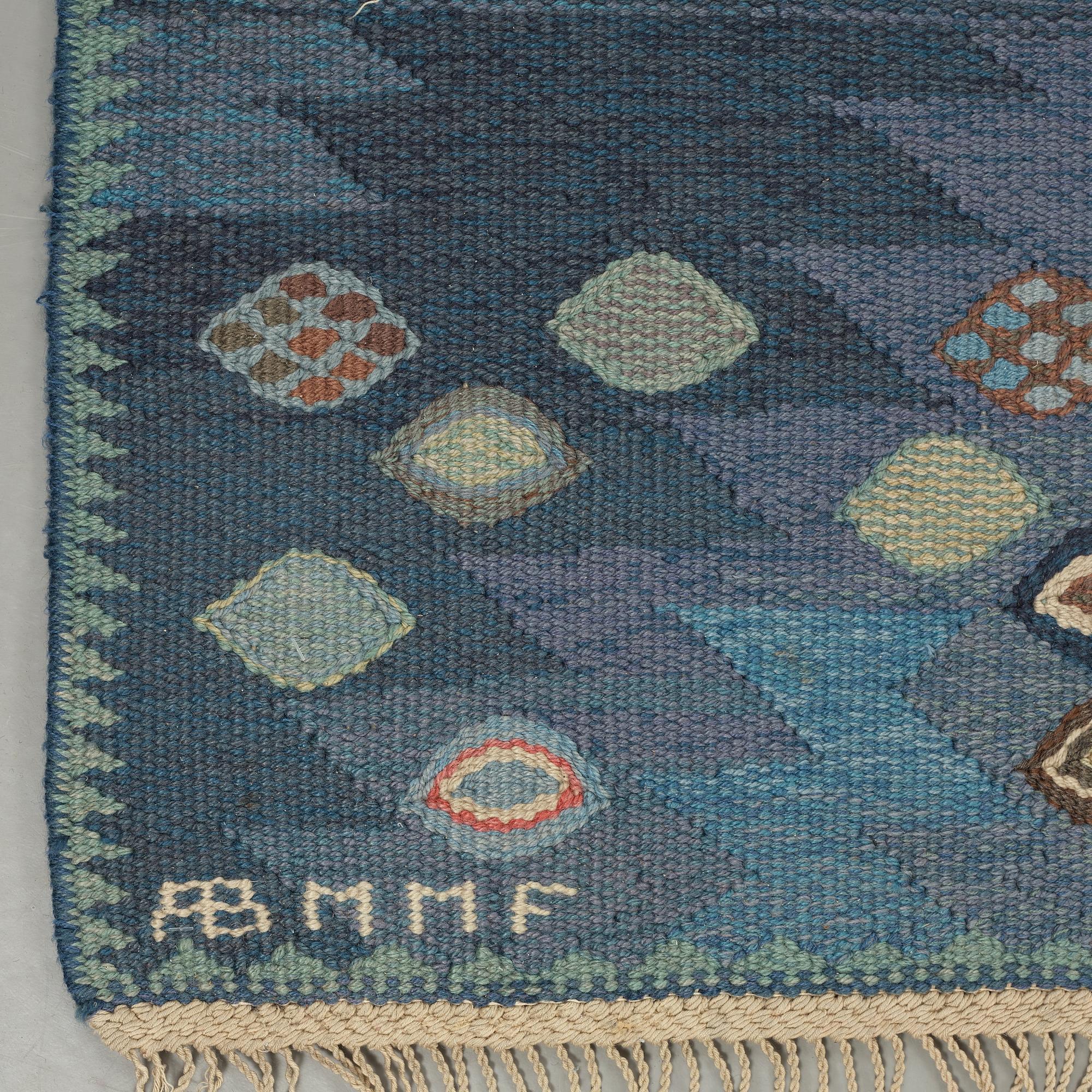 Barbro Nilsson, A CARPET, "Tånga blå, variant", flat weave, ca 259 x 206,5 cm, signed AB MMF BN.