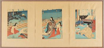 YOSHU CHIKANOBU (1838-1912), färg träsnitt, triptyk. Japan, sent 1800-tal.