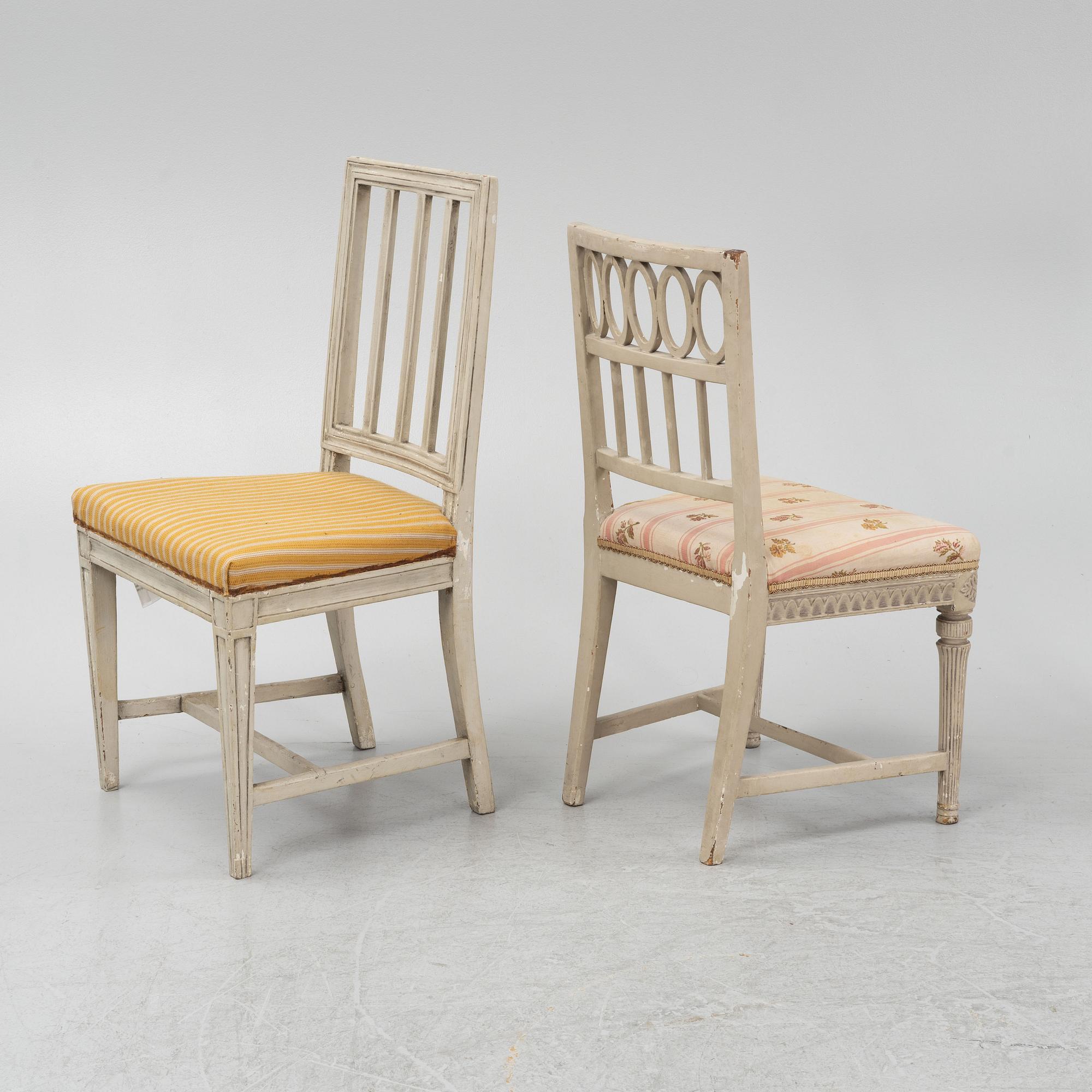 Six Gustavian chairs, different models, from Lindome, Sweden, around 1800.