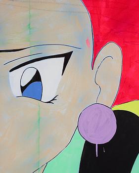 Michael Pybus, acrylic, graphite, oil pastel, UV blacklight glow paint, permanent pigmented ink on canvas. Signed, 2016.