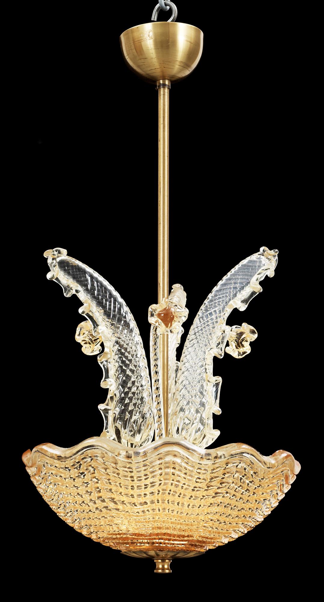 TAKLAMPA, glas, Carl Fagerlund, Orrefors. 1940/50-tal, h ca 39 diam 30.