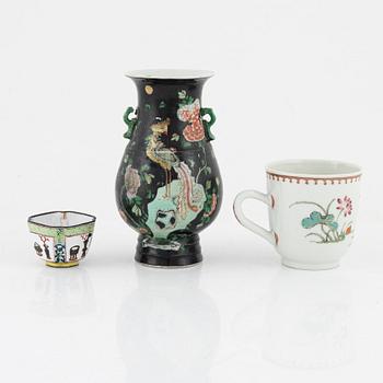 Vase, cup, and wine cup, 3 pieces, China, including Qianlong (1736-95).