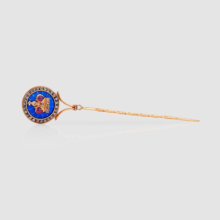 A ruby, diamond and enameled tie pin. Russian marks.
