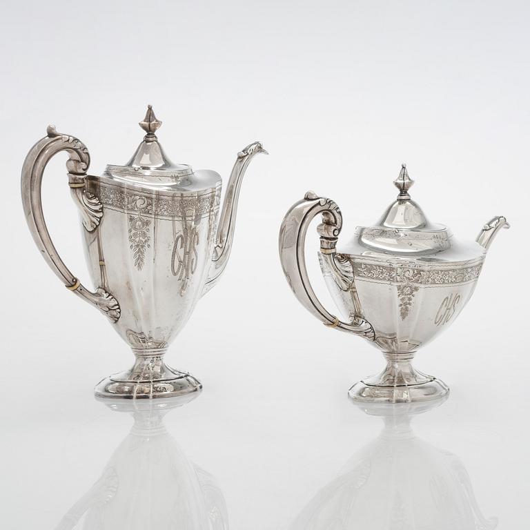 A five-piece sterling silver coffee and tea service, and 12 spoons, USA, first quarter of the 20th century.