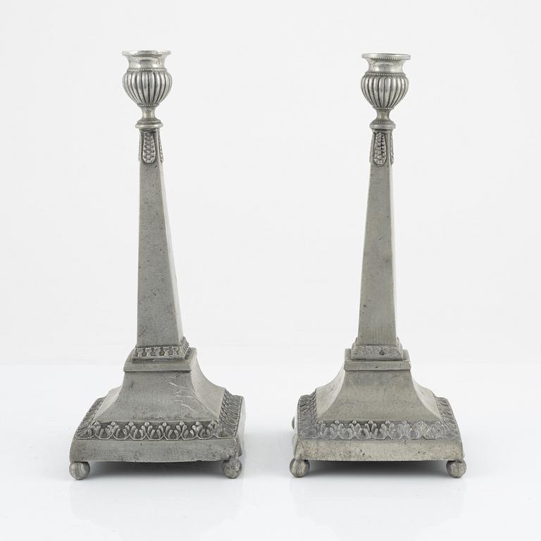 A pair of late Gustavian pewter candlesticks, mark of Magnus Bergman, Malmö 1809.
