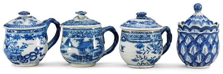 A set of four odd blue and white custard cups with covers, Qing dynasty, Kangxi (1662-1722).