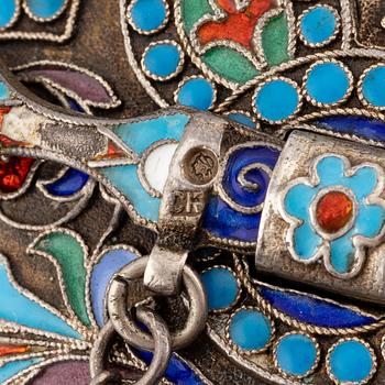 Costume jewellery and a kovsh, silver, three pieces, Russia.