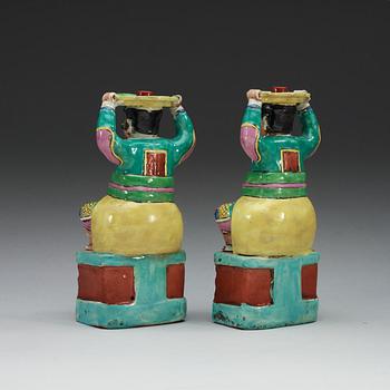 A pair of famille rose censer-stick holders, Qing dynasty, Qianlong (1736-95).