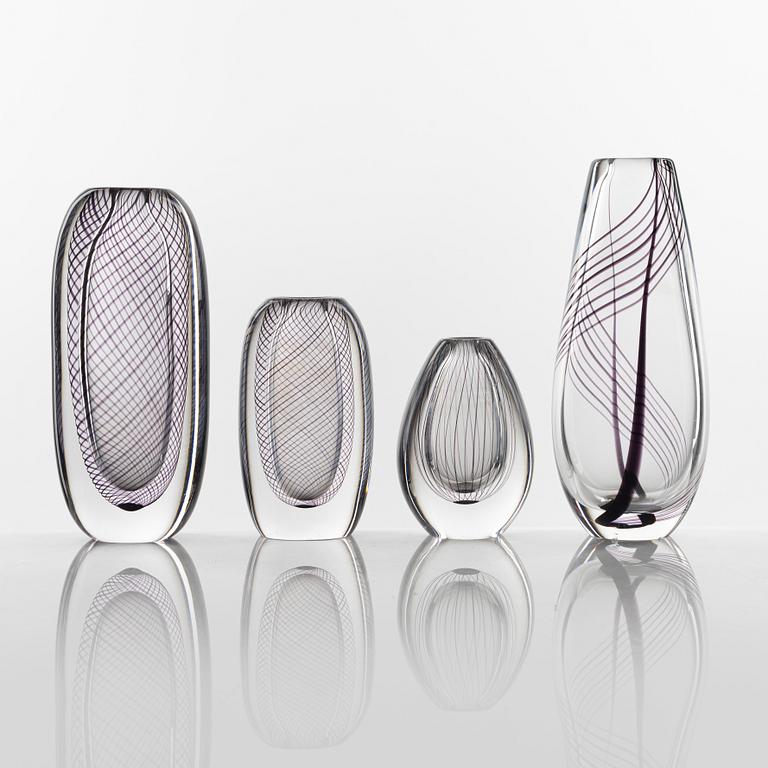 Vicke Lindstrand, four glass vases, Kosta.