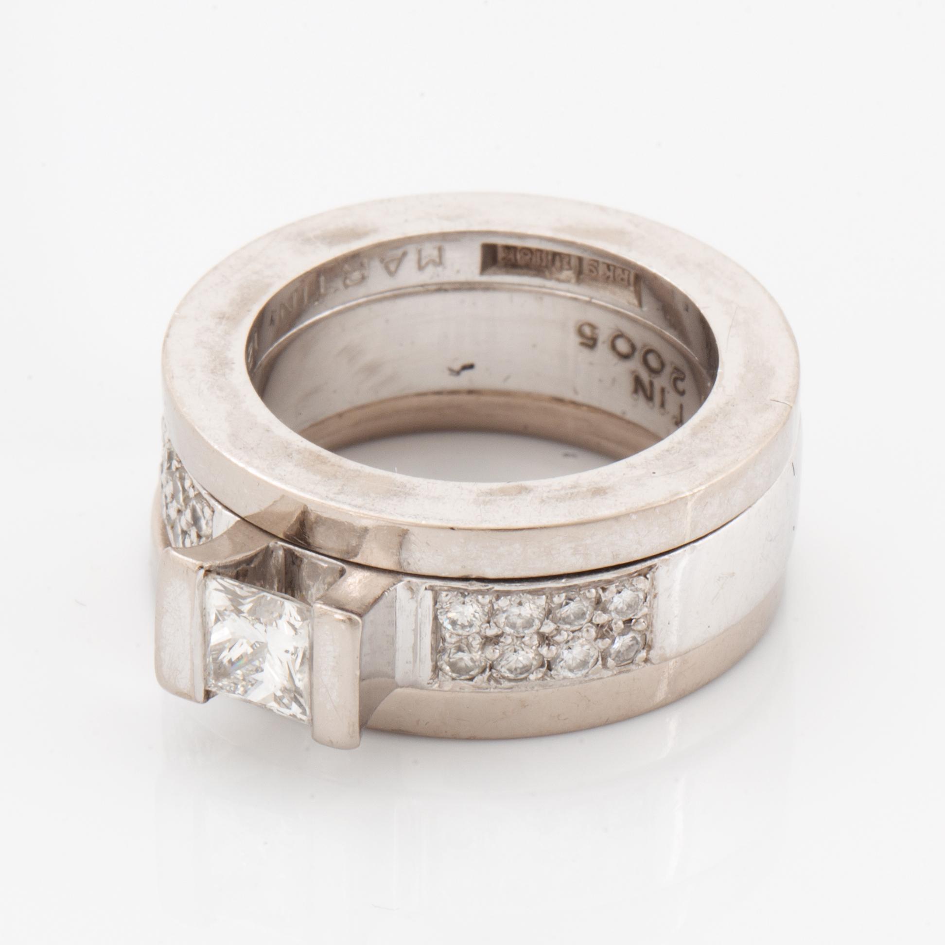 Rolf Karlsson, Three rings, 18K white gold with princess-cut and brilliant-cut diamonds, and two band rings.