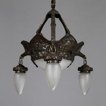 A Jugend style patinated bronze pendant ceiling light from the early 1900s, Böhlmarks, Sweden.