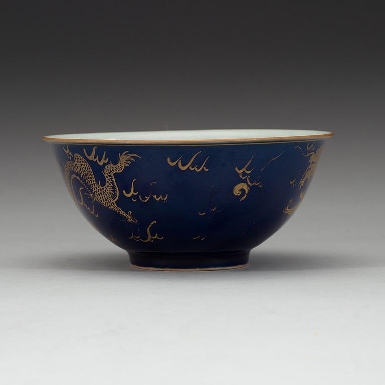 A blue glazed bowl, late Qing dynasty with Qianlong mark.