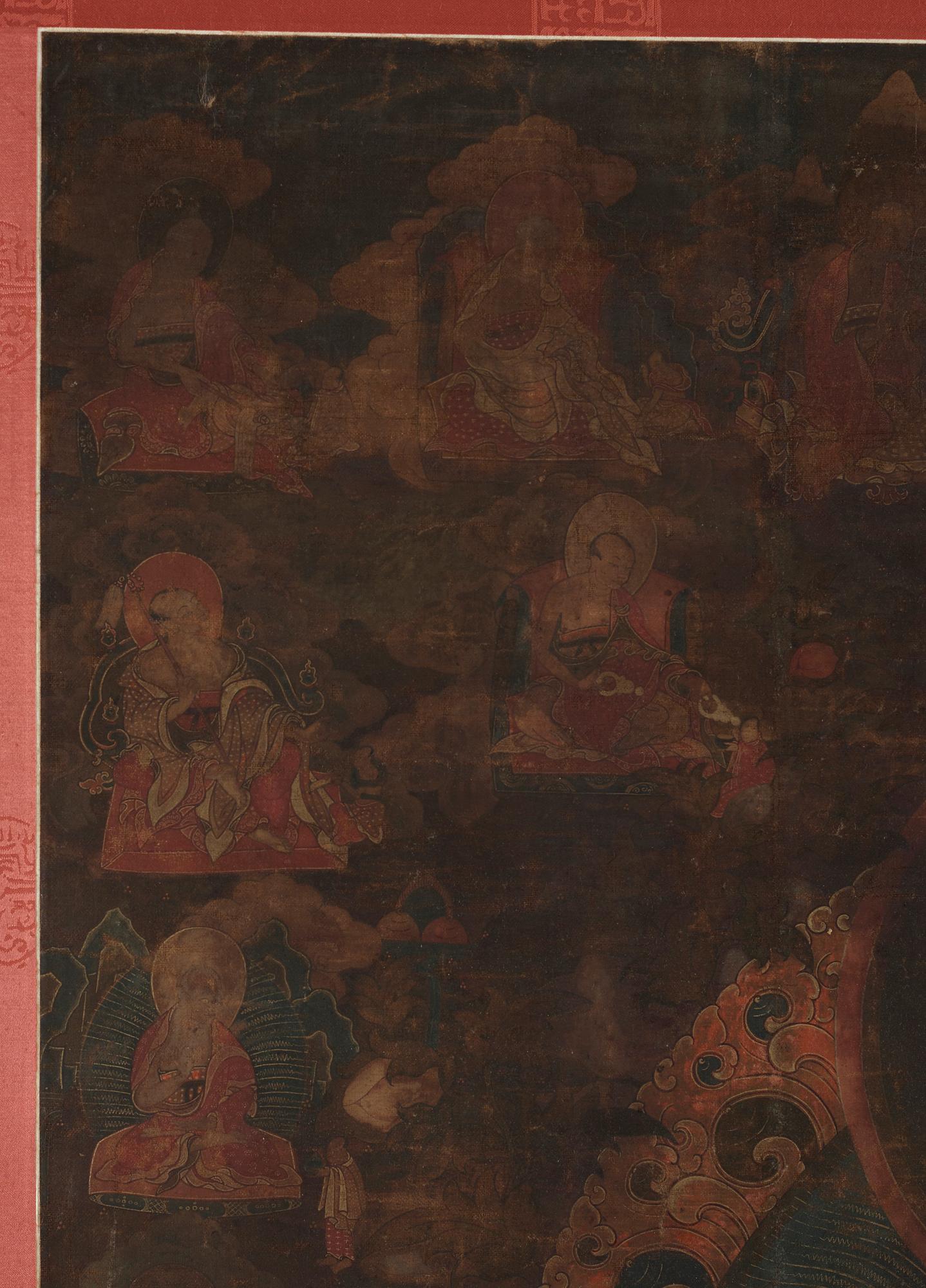 A Tibetan thangka of Shakyamuni Buddha with the eighteen  arhats, 18th century.